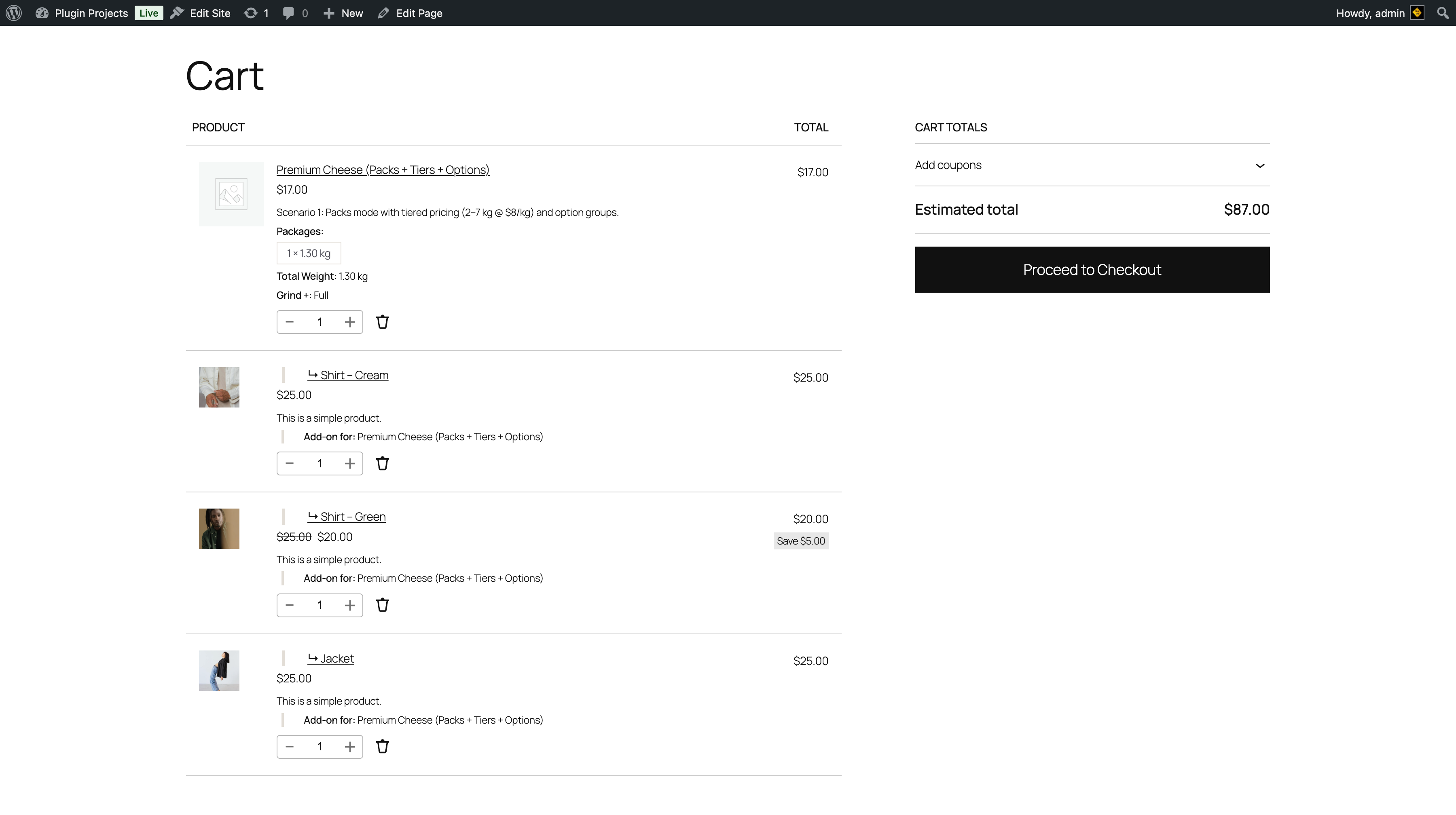 Frontend: cart with weight-based product and add-ons