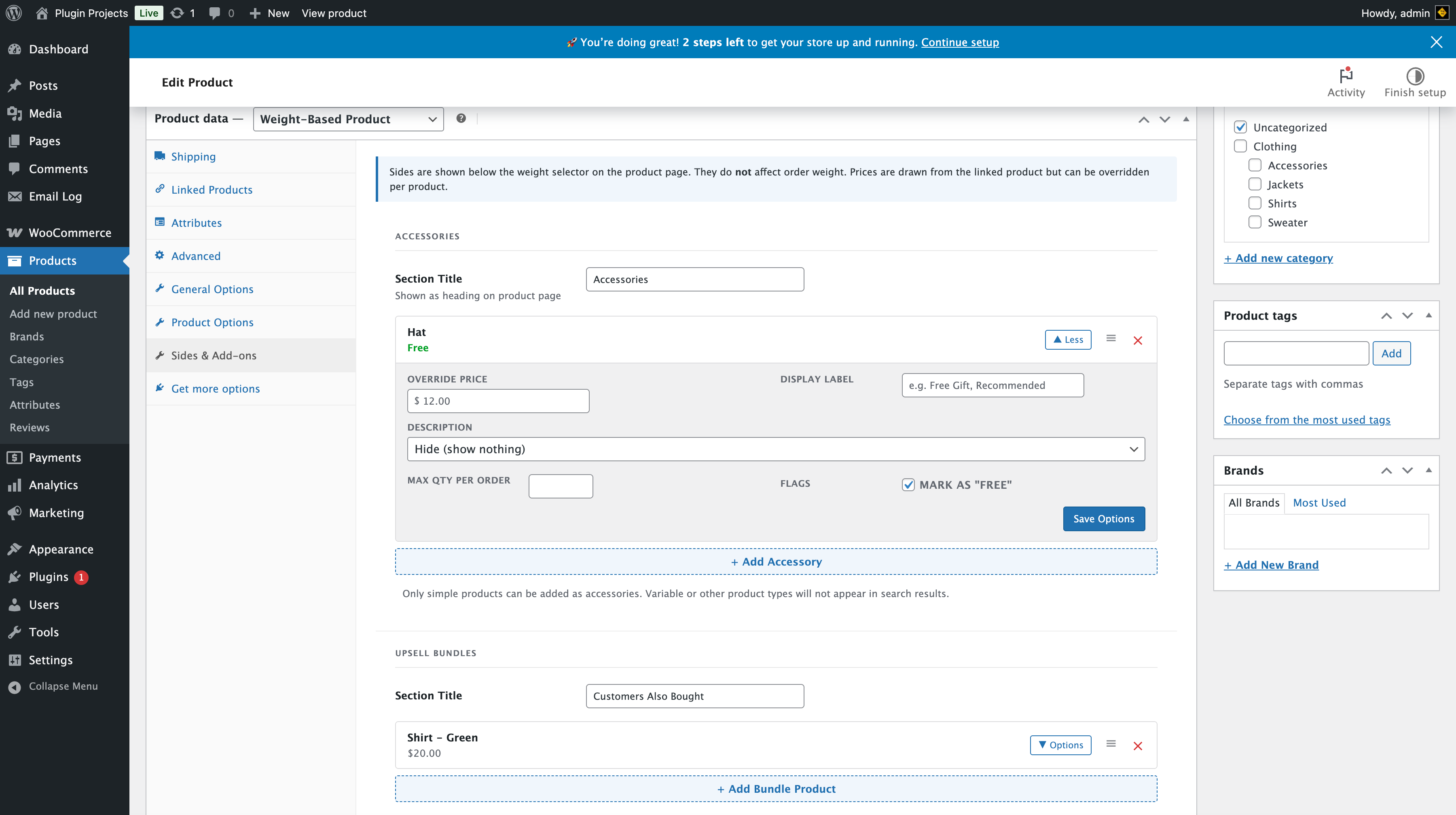 Product Sides & Add-ons tab