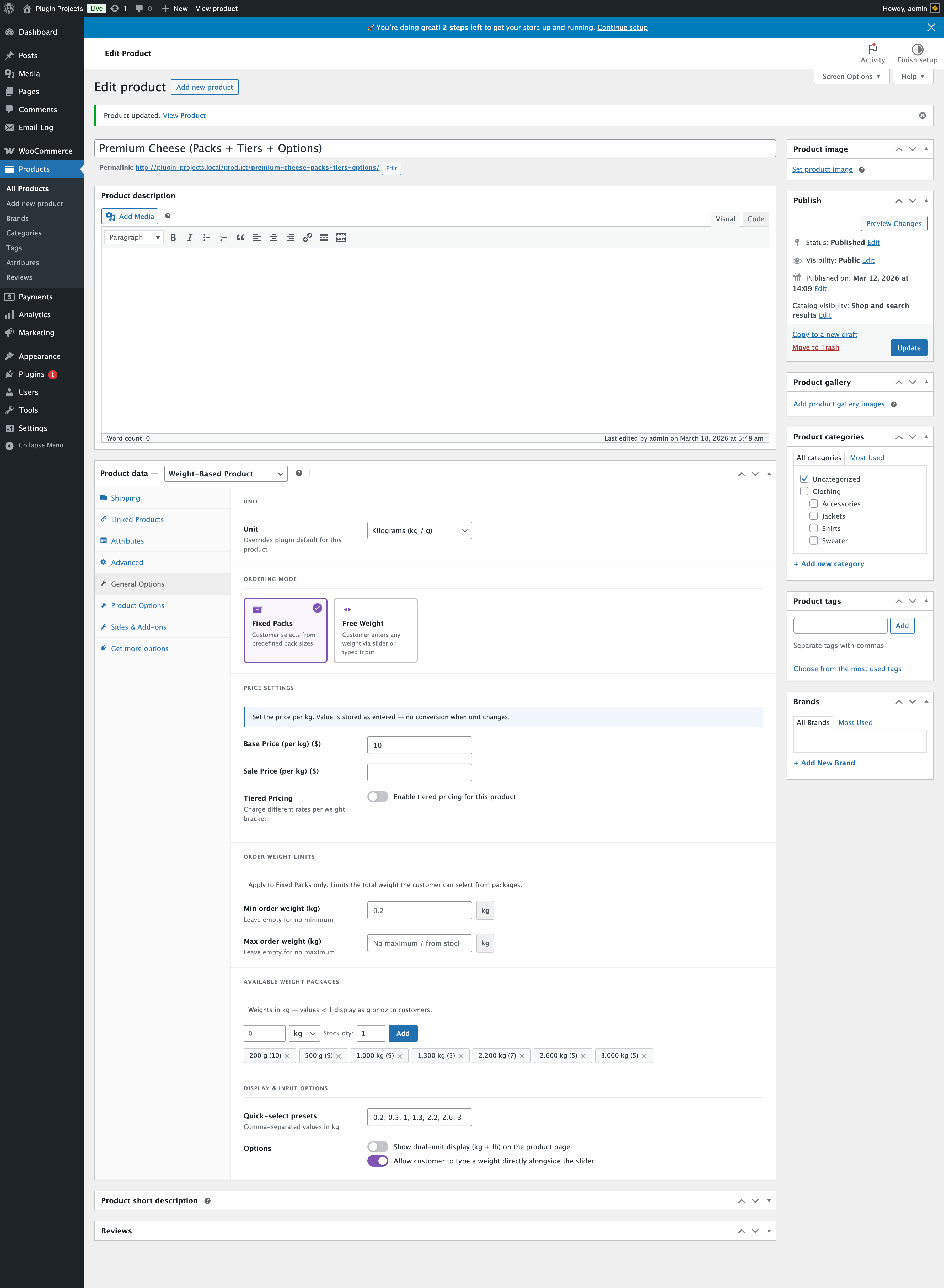 Product General Options with Fixed Packs